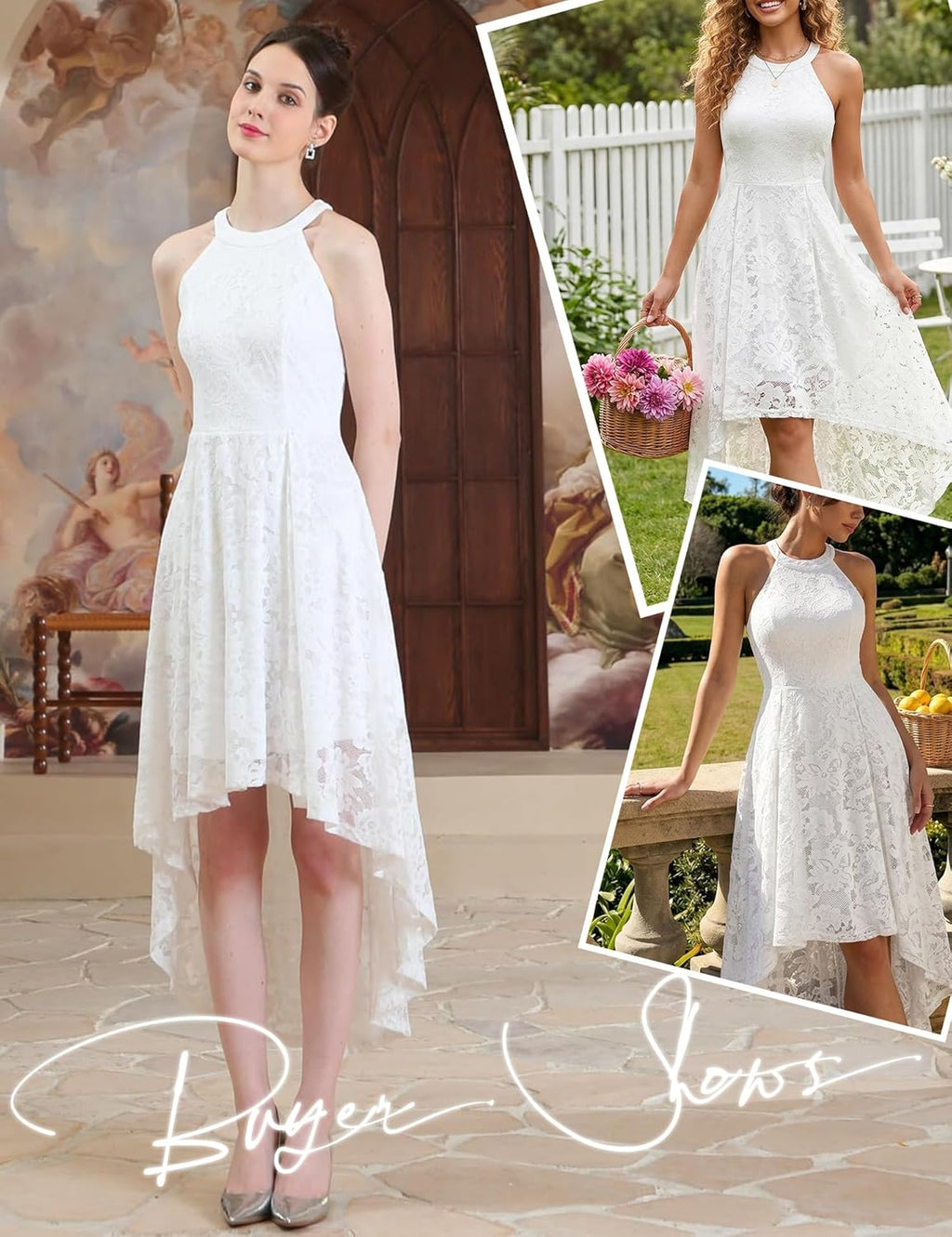 Women Halter Lace Hi Lo Wedding Guest Cocktail Formal Dress | Bridesmaid Wedding Dresses,Sleeveless,Halter Top Neckline,High Low Hem,Elegant a Line Design,Soft Floral Lace Party Dress