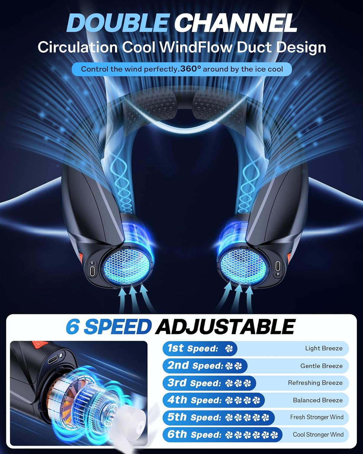 Neck Fan - Portable Neck Fan with LED Book Light, 6-20H Long Battery Life, 6 Speeds Adjustable, USB-C Rechargeable, Hands-Free Wearable Fan, Cooling Personal Fan Gifts for Men Women Dad Mom