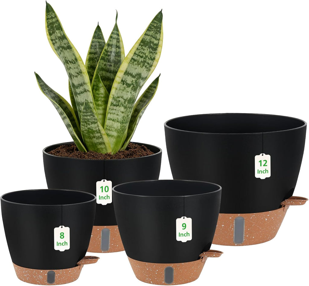 Self Watering Pots with Water Level Indicator, 12" 10" 9" 8" Large Plastic Flower Pots with Mesh Drainage Hole and Removable Saucer Reservoir for Indoor Outdoor Plants 4Pcs （Black