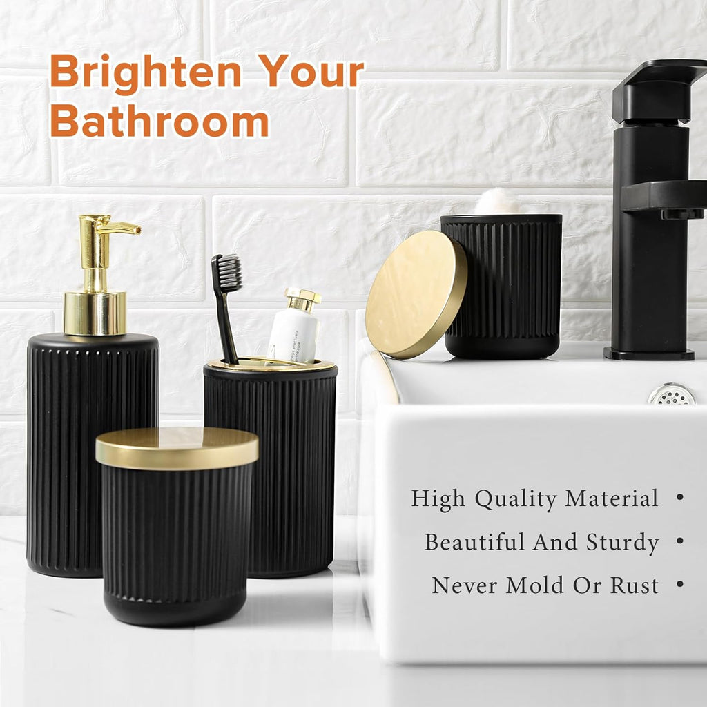 Matte Black and Gold Bathroom Accessories Set, 4 Pack Glass Bath Accessory Sets Complete, Ribbed Soap Dispenser and Toothbrush Holder Set with 2 Qtip Holders, Modern Gold Bathroom Decor