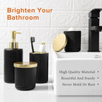 Matte Black and Gold Bathroom Accessories Set, 4 Pack Glass Bath Accessory Sets Complete, Ribbed Soap Dispenser and Toothbrush Holder Set with 2 Qtip Holders, Modern Gold Bathroom Decor