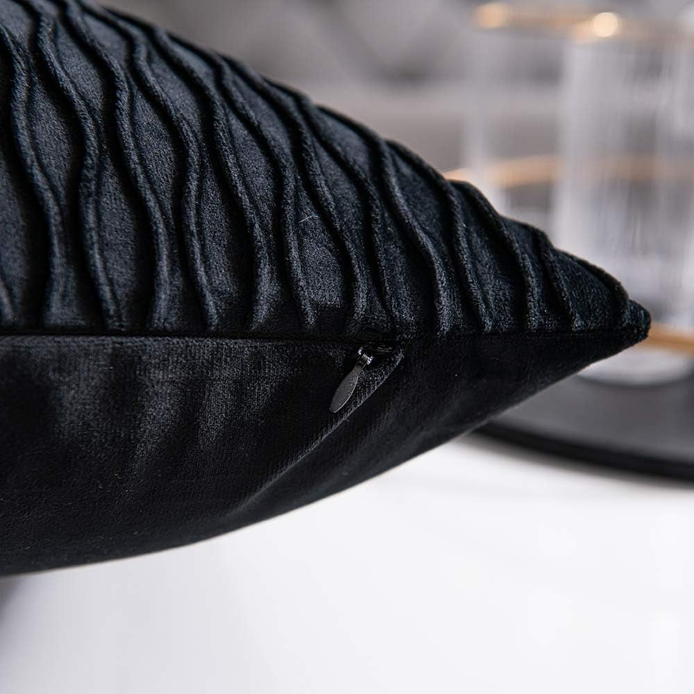 Black Vertical Ripple Striped Decorative Pillow Covers: Pack of 2 22X22 Inch Velvet Square Throw Pillow Cases for Farmhouse Couch Sofa Bed Living Room Home Decor