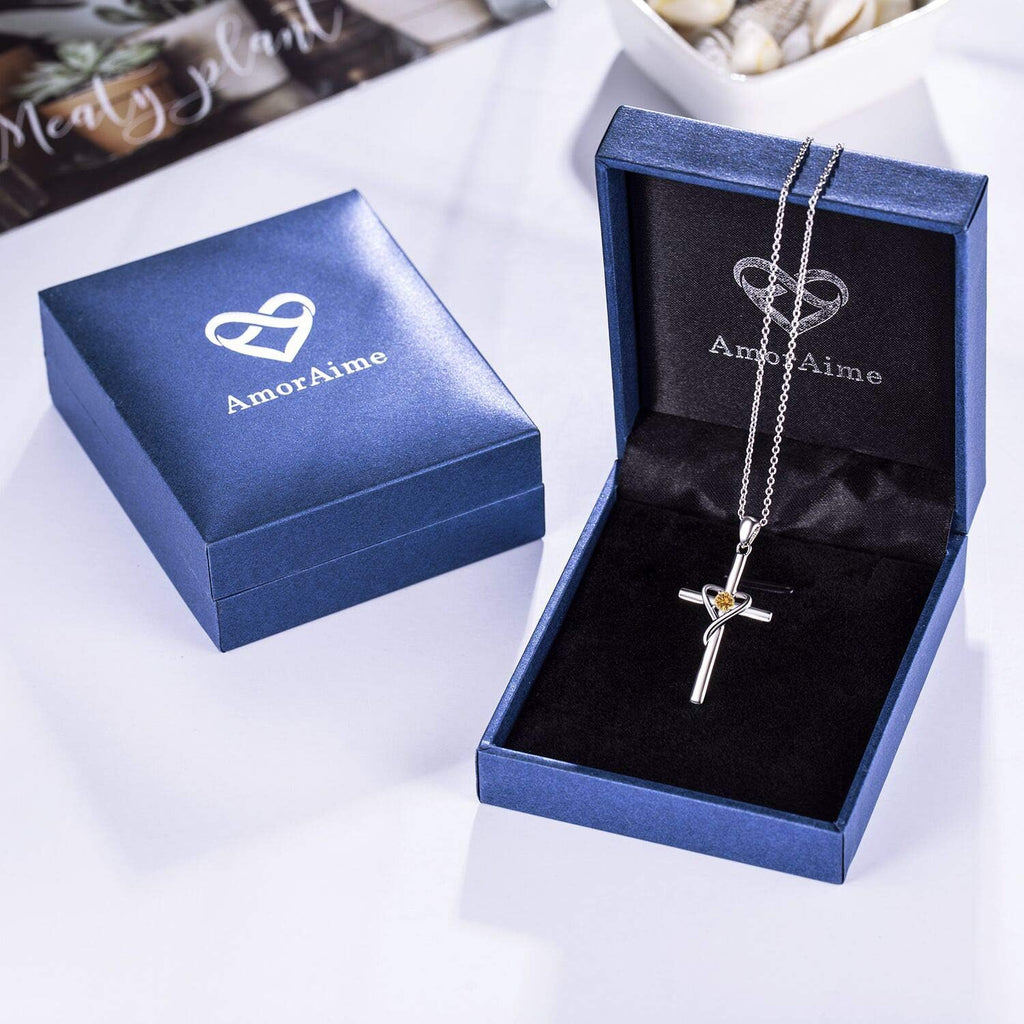 925 Sterling Silver Cross Necklace for Women Men 14K Gold Plated 5A CZ Birthstone Necklaces for Holiday
