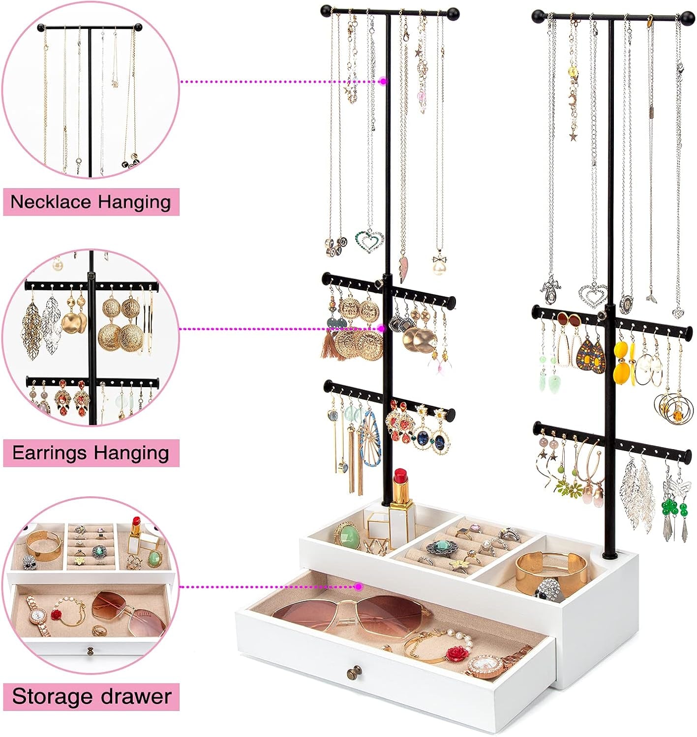 Jewelry Organizer Stand Wood Basic Jewelry Drawer Storage Box with Double Rods & 6 Tier Jewelry Tree Stand Holder for Necklaces Bracelet Earring Ring Display(Vintage White)