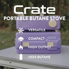 Butane Fuel Camp Stove – Crate Series - Mini Stove for Camping, Hiking – Portable Gas Stove with Spiral Flame – Even Heat Distribution – Modern and Easy to Use (Violet)