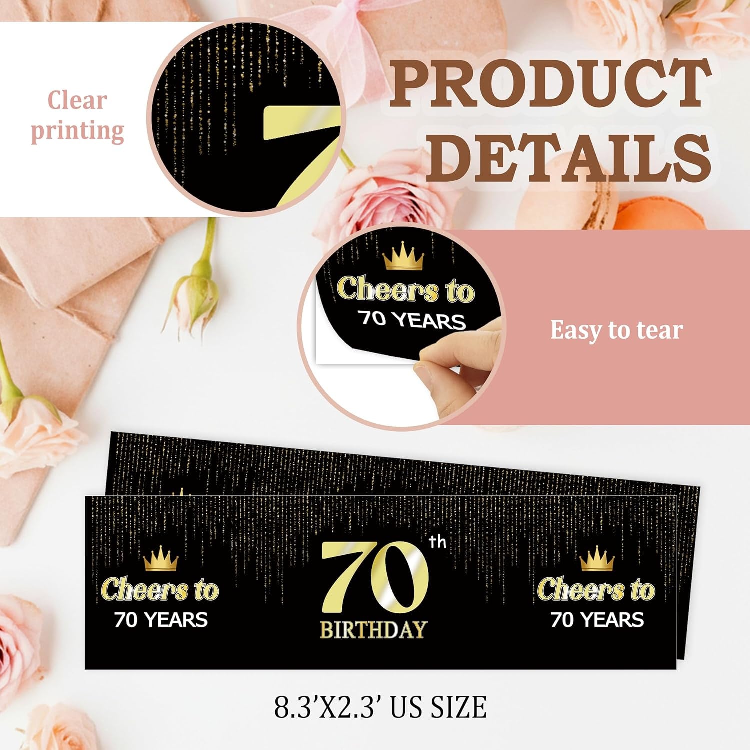 Birthday Party Water Bottle Label Stickers, Waterproof Labels for Water Bottles, Black and Gold Happy 70Th Birthday Party Decorations, Cheers to 70 Years, Anniversary Table Supplies-A31