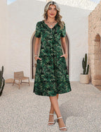 Women Summer Dresses Casual Short Sleeve Midi Dress with Pockets | Empire Waist, a Line, V Neck, Button Decor, Floral, Flowy, Loose Fit, Beach Vacation T Shirt Sundress