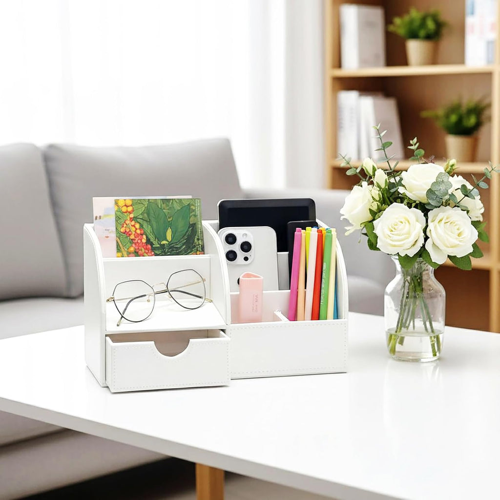 Desk Organizer - Multifunctional Leather Desktop Pen Holder Storage Box - Business Card/Pen/Pencil/Mobile Phone/Stationery Holder, White