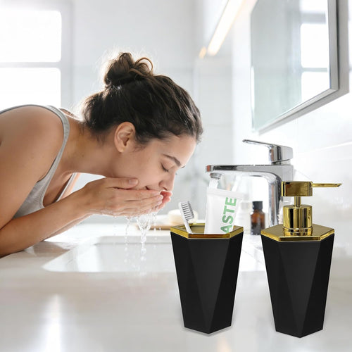 2 Piece Plastic Bathroom Accessories Set, Black Bathroom Sets Accessories | Soap Dispenser and Toothbrush Holder, Modern Bathroom Decor, Bathroom Sets Accessories