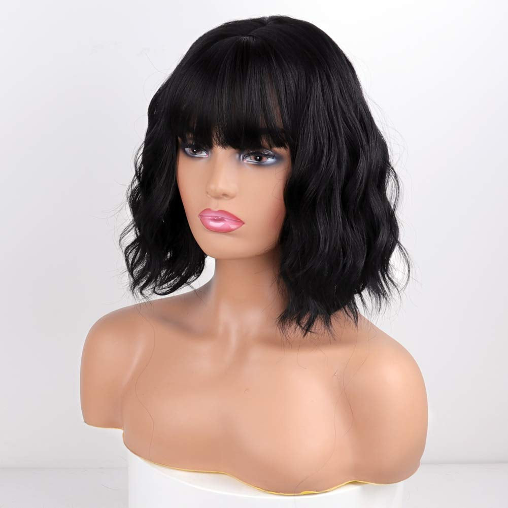 Short Wavy Black Wig with Bangs, Short Black Bob Wigs for Women, Wavy Bob Wig with Bangs Synthetic Natural Looking Heat Resistant Fiber Wigs