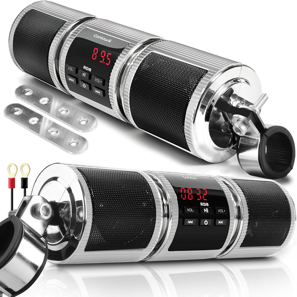 Motorcycle Bluetooth Speakers, Waterproof Radio Audio System | Built-In Amplifier, FM Radio, AUX Input, USB, Great for ATV, Scooter Bike,12 Volt Vehicle