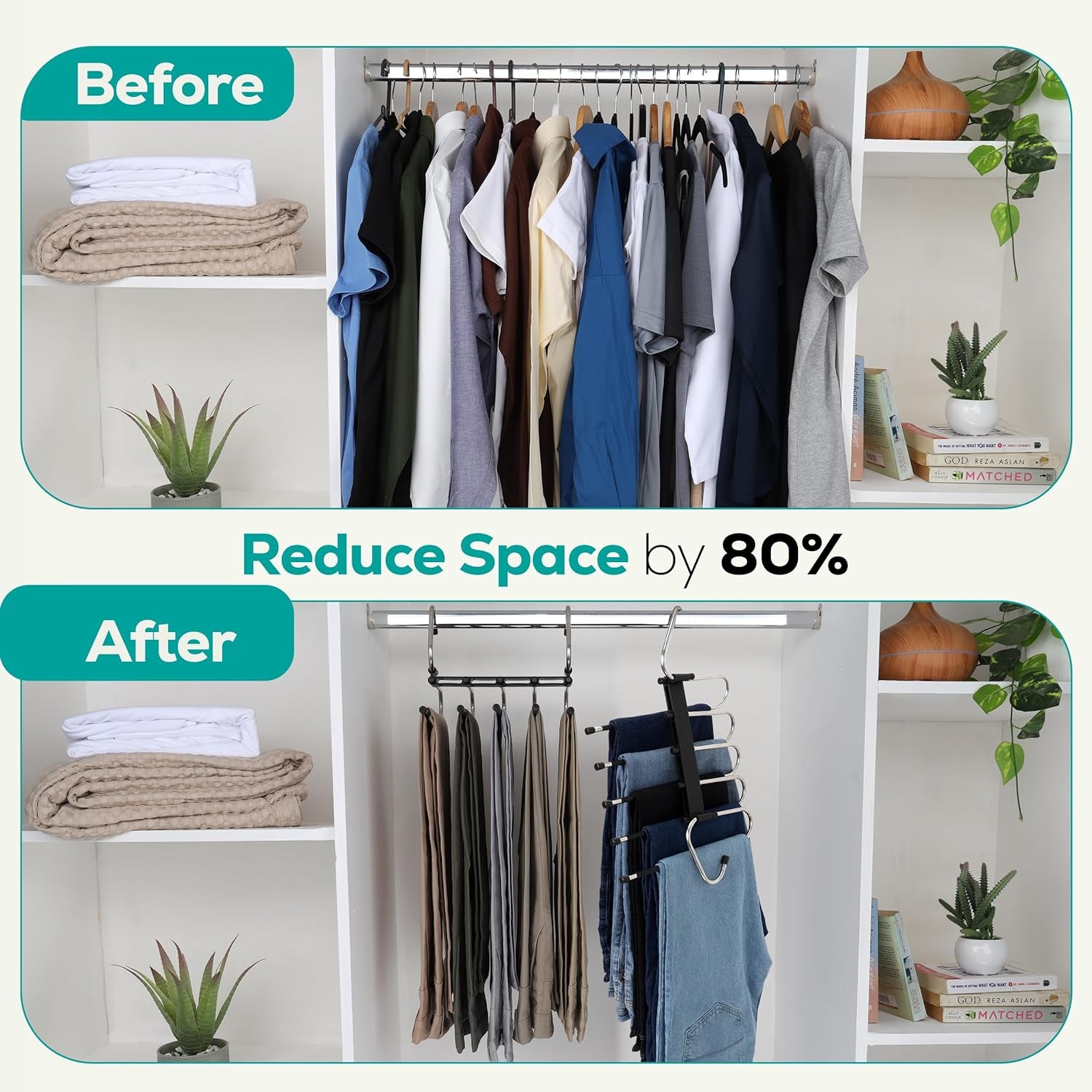 Pants Hangers Space Saving 2 Pack Black Foldable Hangers with Clips for Clothes, Pants, Jeans, Skirts and Scarves, S-Type Stainless Steel Hook, Anti-Slip Hanger for Closet Organization