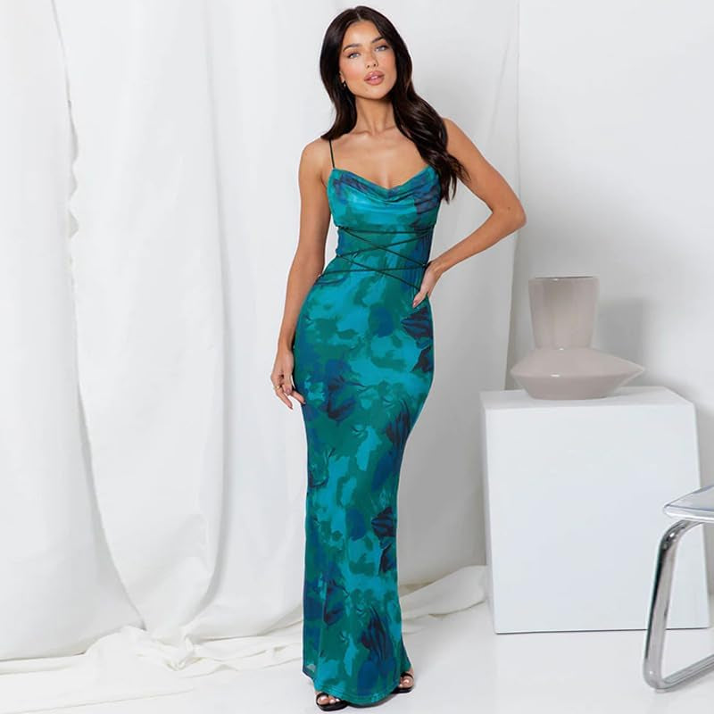 Women Vintage Spaghetti Strap Maxi Dress Sexy Low Cut Backless Floral Satin Slip Long Dress Y2K Cami Bodycon Dresses
