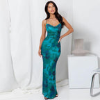 Women Vintage Spaghetti Strap Maxi Dress Sexy Low Cut Backless Floral Satin Slip Long Dress Y2K Cami Bodycon Dresses