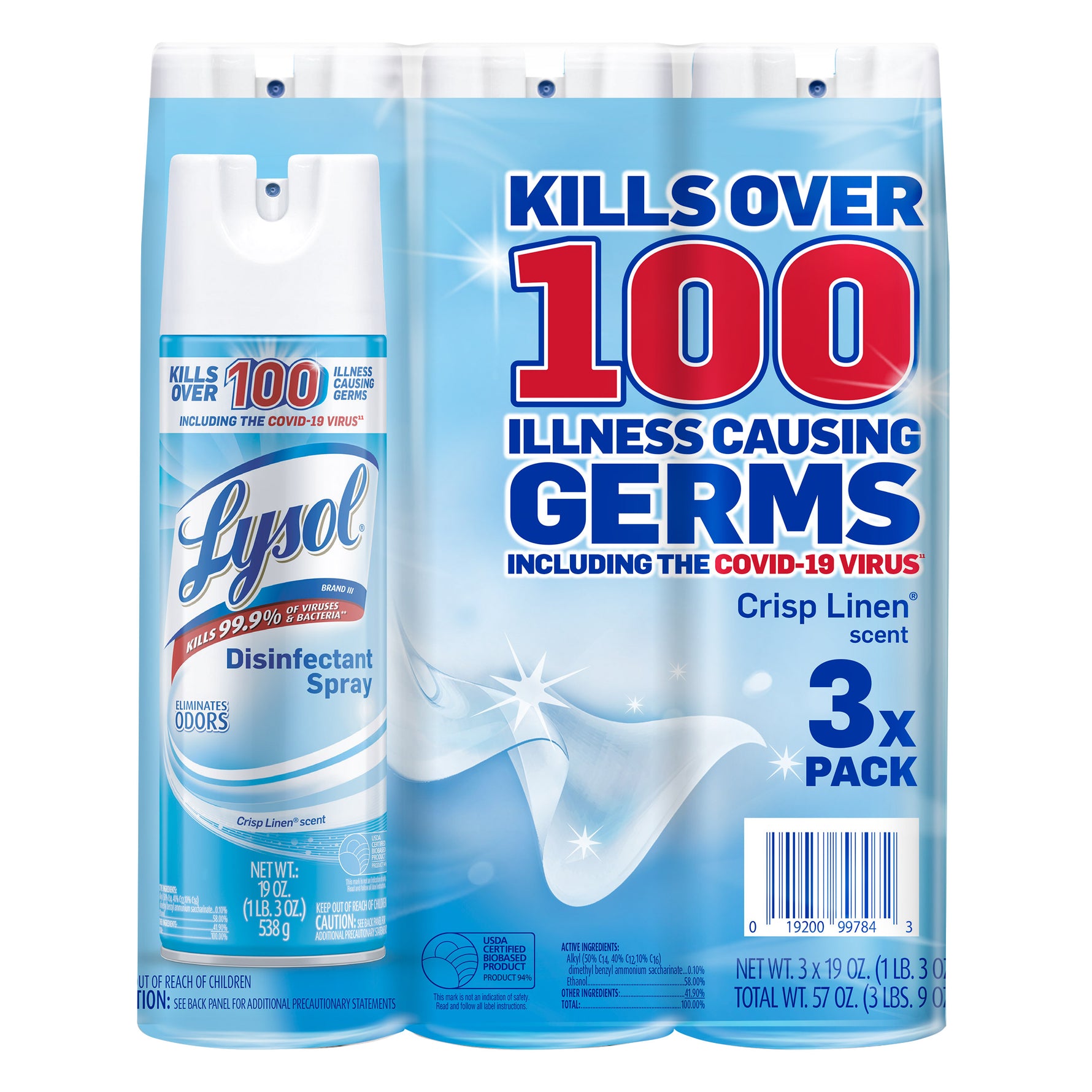 Disinfectant Spray, Crisp Linen, 19 Oz, 3-Count