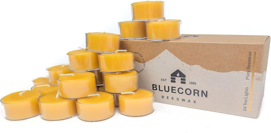 Tea Light Candles, Raw Yellow, Clear Cups, 24 Pack | 100% Pure Natural Bees Wax, Unscented, Paraffin & Soy Free, 5 Hour Burn Time, Made in USA