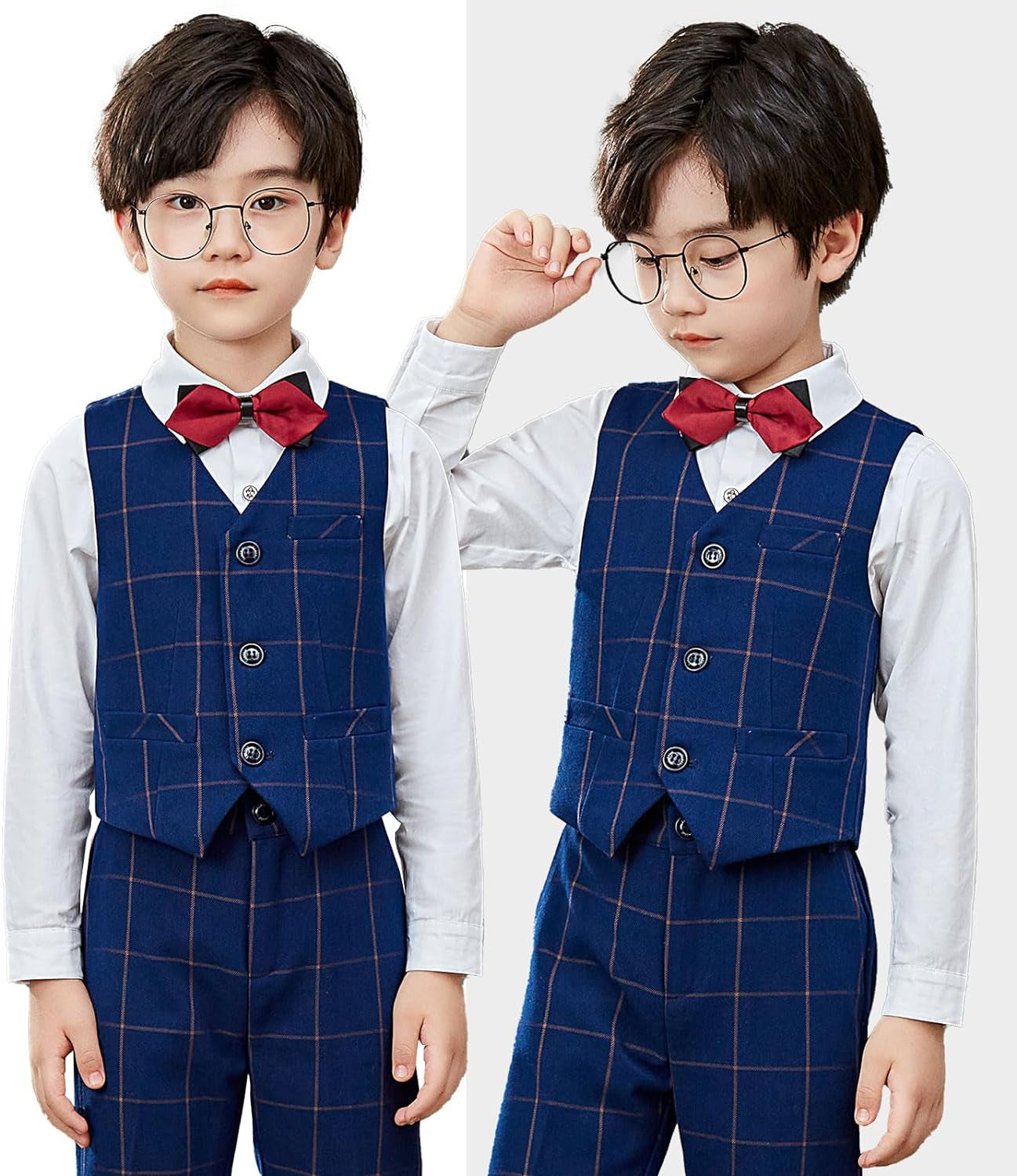 Boys Suit 3 Piece Formal Blue Plaid Slim Fit Kids Tuxedo Set Toddler Blazer Vest Dress Pants Ring Bearer Outfit