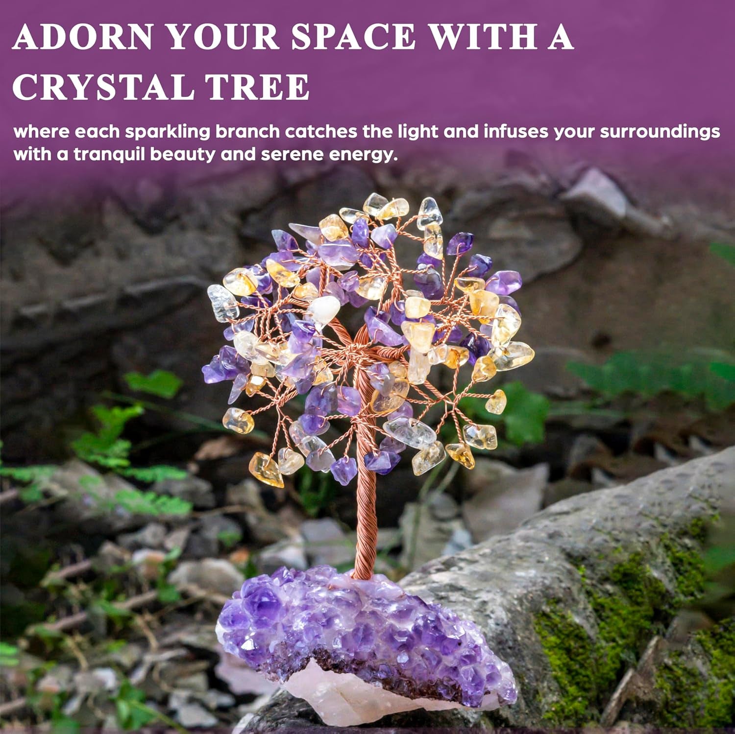 Amethyst & Citrine Crystal Tree with Cluster Base Tree of Life 5-6 Inch | Décor Shelf Bedroom Birthday Gifts for Women, Sister Gift Birthday Gifts for Mom Cute Home Office Decor Housewarming Present