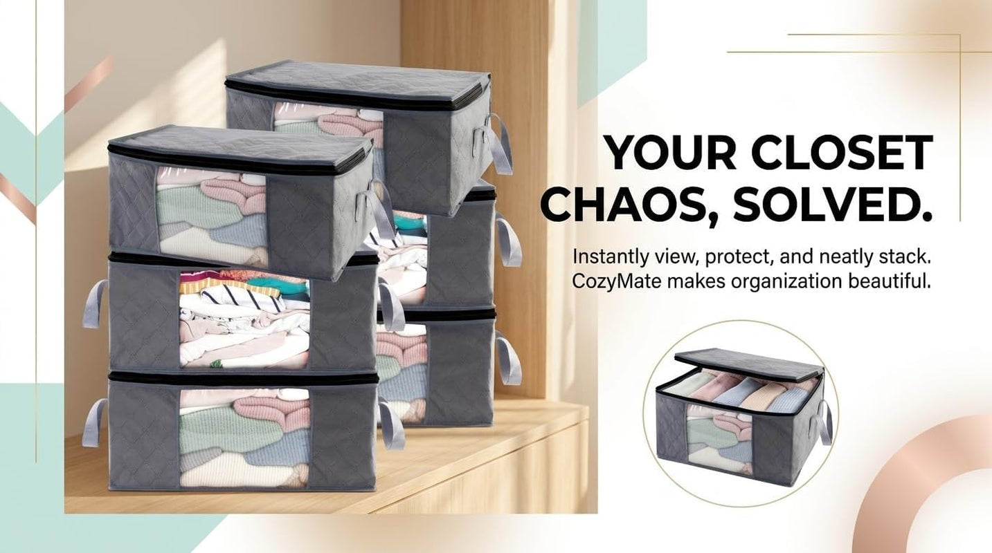 Storage Clothes Bins Closet Bags - 35L Containers Organizer Boxes Clothing Bin Organization for Organizing Blanket Pillow Sheet Sweater, Foldable Bedroom Small Storage Totes with Lids Zipper, 6Pc Pack