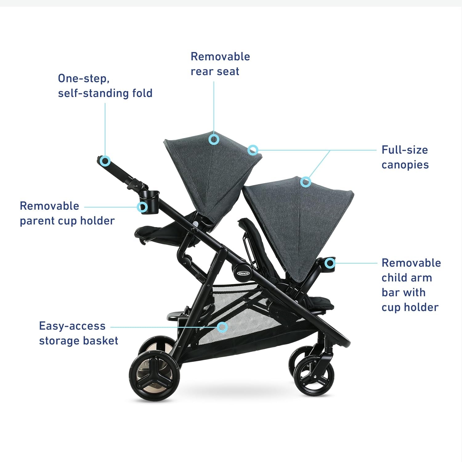 Graco Ready2Grow 2.0 Double Stroller, Twin Baby Stroller Features Bench Seat and Standing Platform Options, Compact Fold Perfect for Baby Travel, Rafa