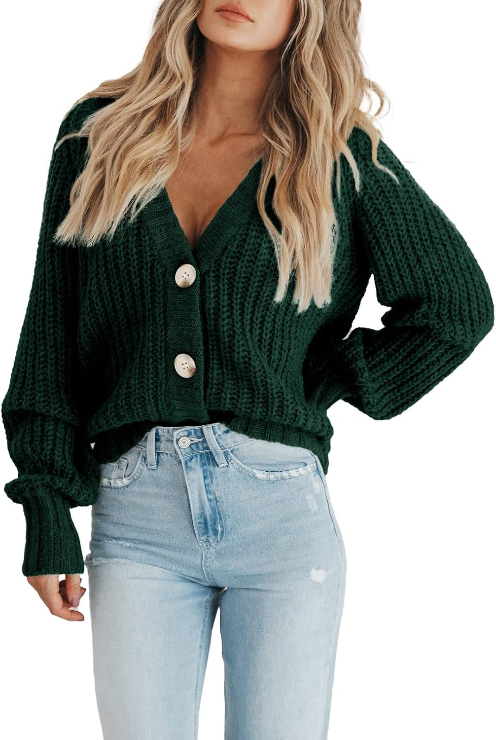 Women'S Chunky Knit Open Front Cardigan Sweaters Fall Outfits | V Neck Button Loose Short Cardigan Outerwear Coats, Slouchy Drop Shoulder Loose Cute Sweaters, Fall Clothes for Work & Office
