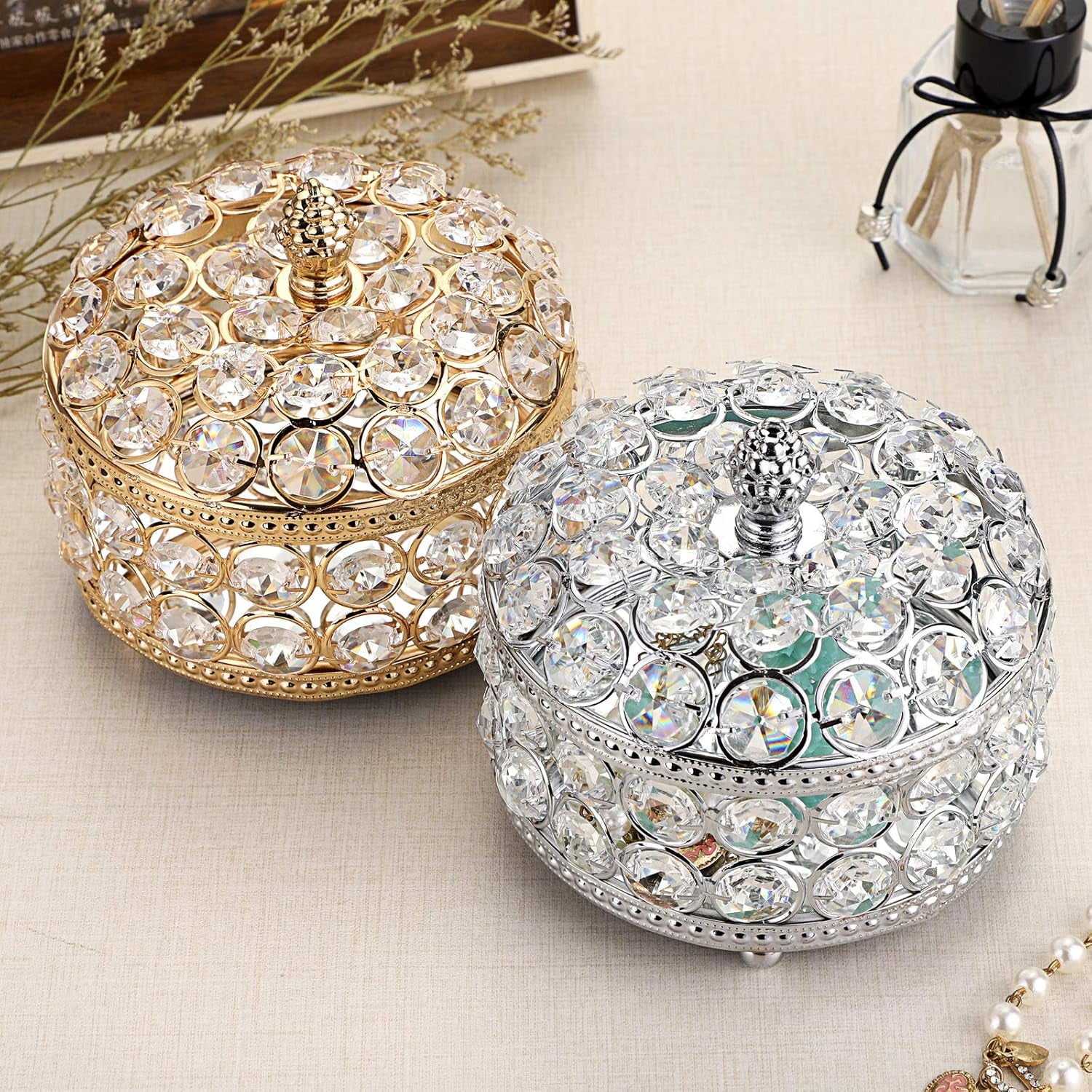 Crystal Mirrored Jewelry Box - Jewelry Trinket Organizer Treasure Box Home Decor Ring Earrings Necklace Storage Holder Chest Keepsake Box,Birthday Christmas Gift for Women, Large