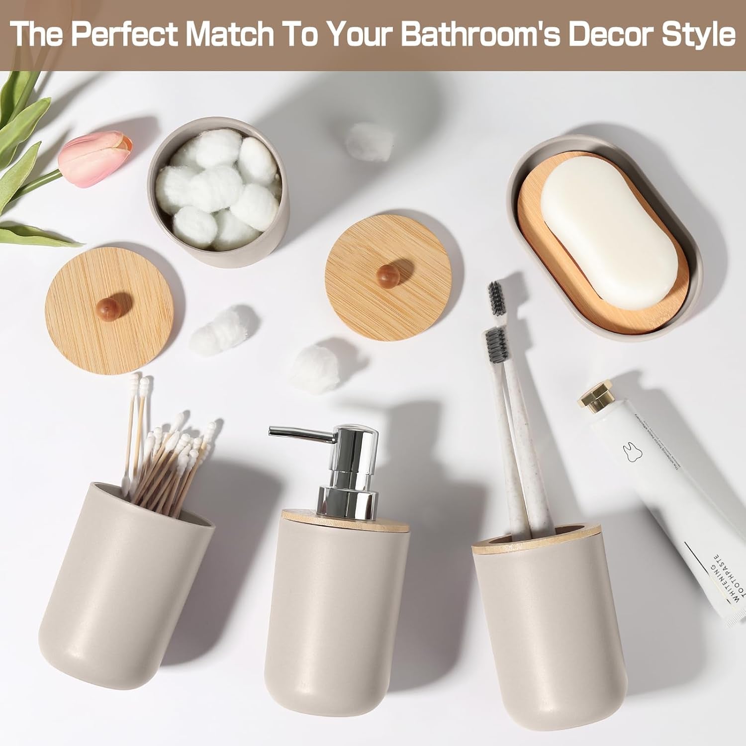 Bathroom Accessories Set 5 Pcs, Plastic Beige Bathroom Decor, Soap Dispenser and Toothbrush Holder Set, Soap Dish, Cotton Swab Jar, Bathroom Set, Boho Bathroom Organizer Accessory