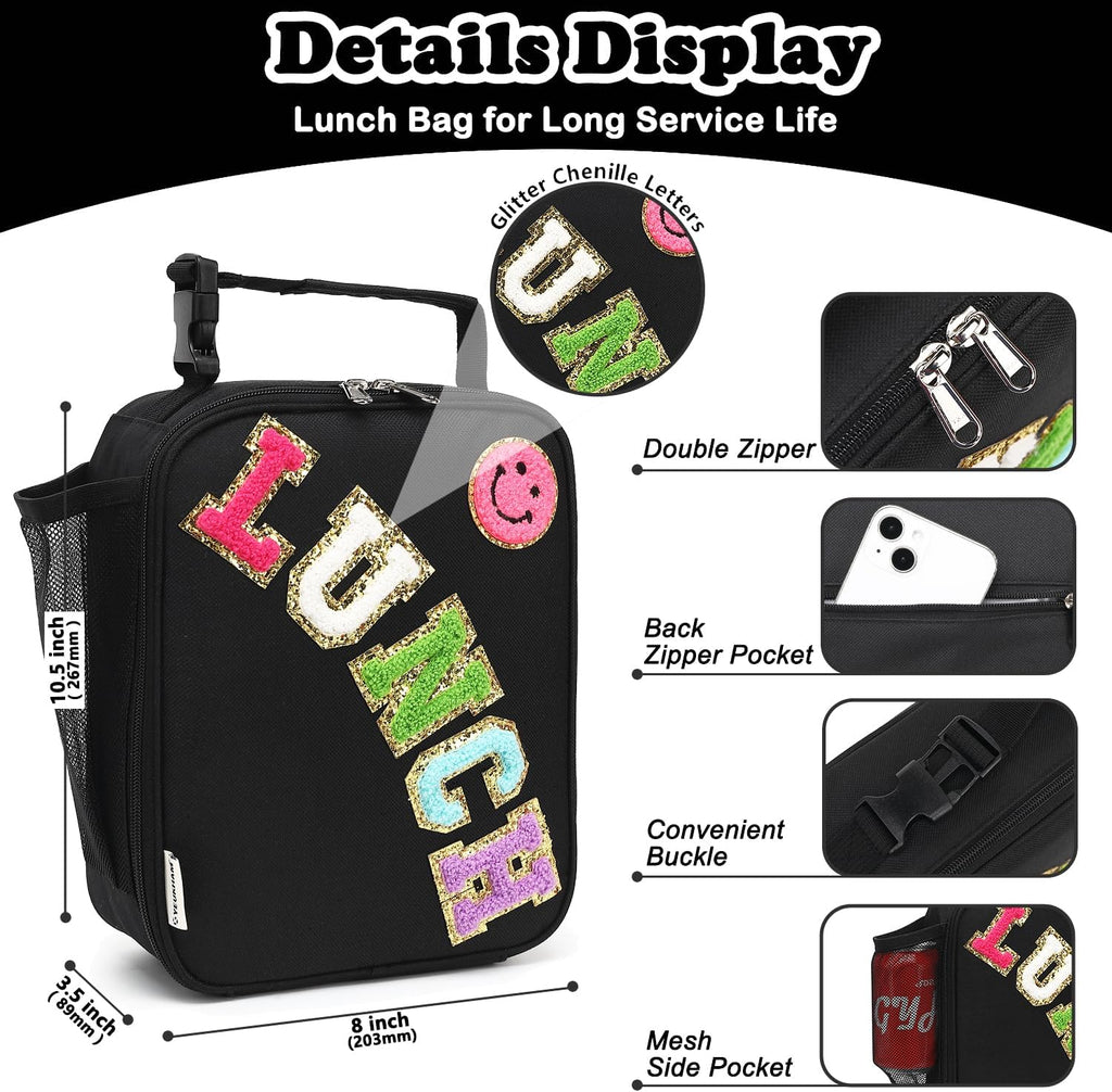 Lunch Box Insulated Soft Bag Mini Cooler Back to School Thermal Meal Tote Kit with Buckle and Mesh Side Pocket for Girls, Boys, Blackwithletter