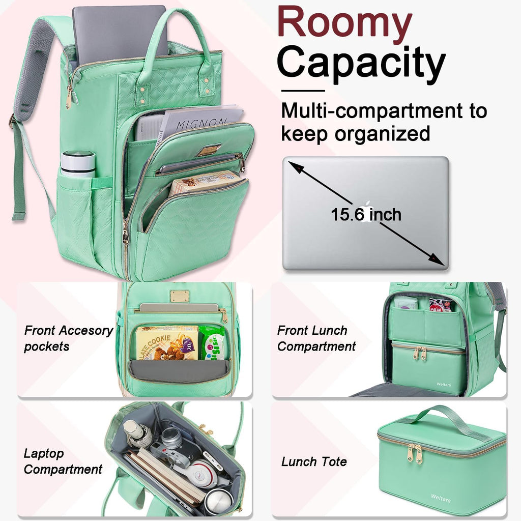 Lunch Backpack for Women,15.6 Inch Laptop Backpacks for Womens Back Pack, Travel Backpacks,Work Backpack for Women (Lightgreen)