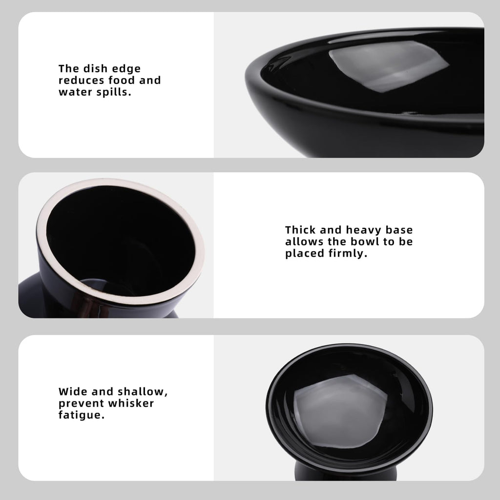 Ceramic Elevated Cat Bowls - 6.2 Inch Extra Wide Raised Cat Food and Water Bowl Set for Indoor Cats, Whisker-Friendly Ceramic Cat Dish for Elder Big Cats & Small Dogs,Black,2 Pack