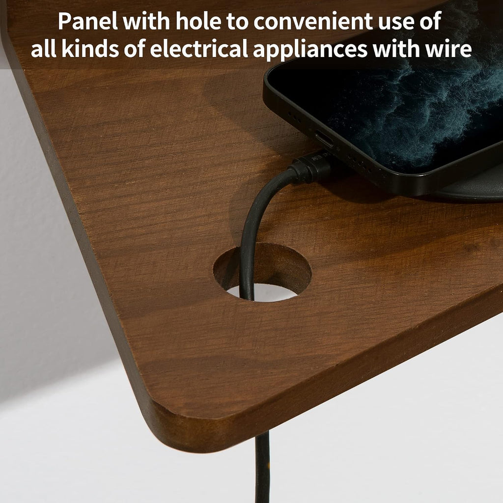 Floating Nightstand Set of 2 Walnut Bedside Shelf for Small Spaces | Wall Mounted Bedside Table with Cable Hole, Wooden Versatile Storage Organizer for Bedroom, Trapezoidal Design, Space Saving