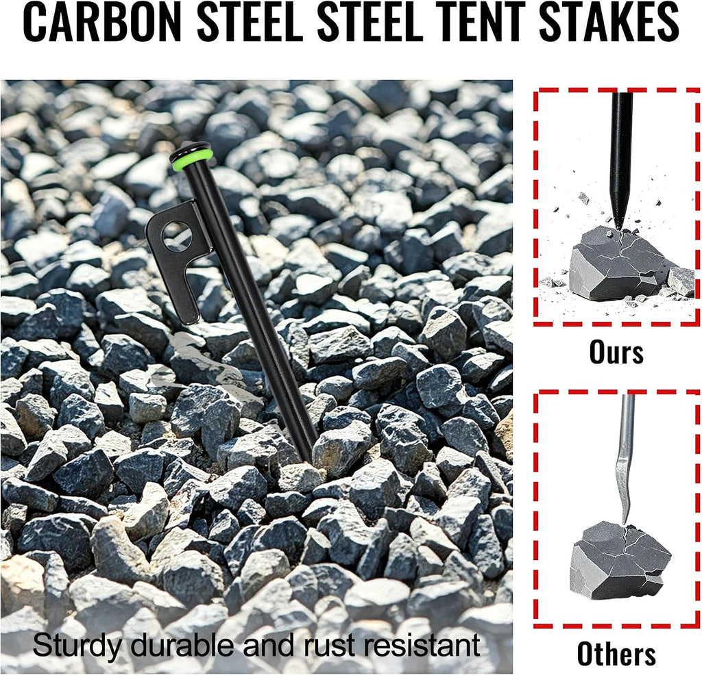12 Pack Tent Stakes Heavy Duty Tent Stakes with Camping Hammers | Tent Accessories Carbon Steel Construction for Outdoor Camping, Hiking, Lawn Construction, Survival