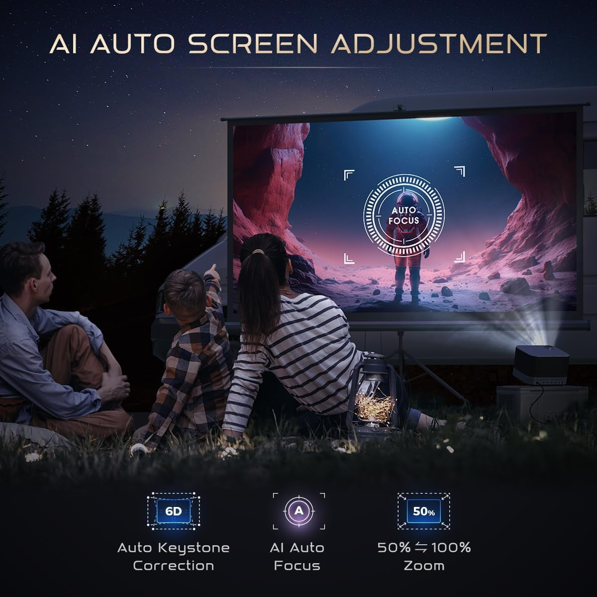 All-Ln-One Projector 4K Supported,  BOOM 3 Smart Projector with Wifi and Bluetooth, 3D Stereo Sound & 36W Speakers, AI Auto Focus & Keystone, Netflix Official 500 ANSI Home Outdoor Proyector