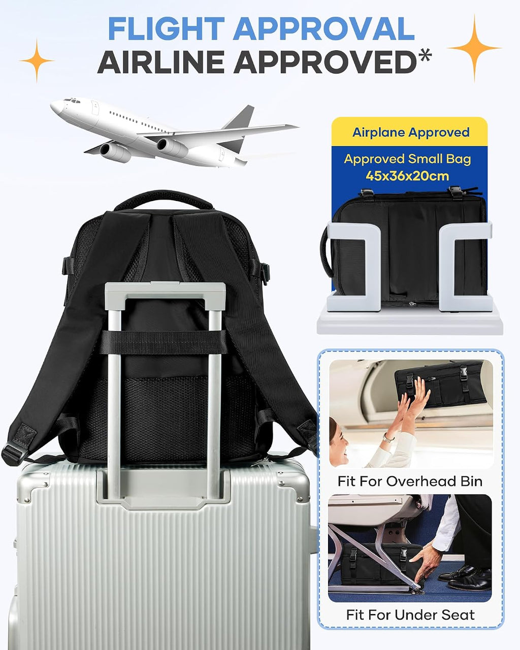 Large Black Travel Backpack Carry on Flight Approved Mochila De Viaje Personal Item Backpack for Airlines Frontier Airlines Personal Item Bag Large Backpacks for Travel Backpacks for Men Women
