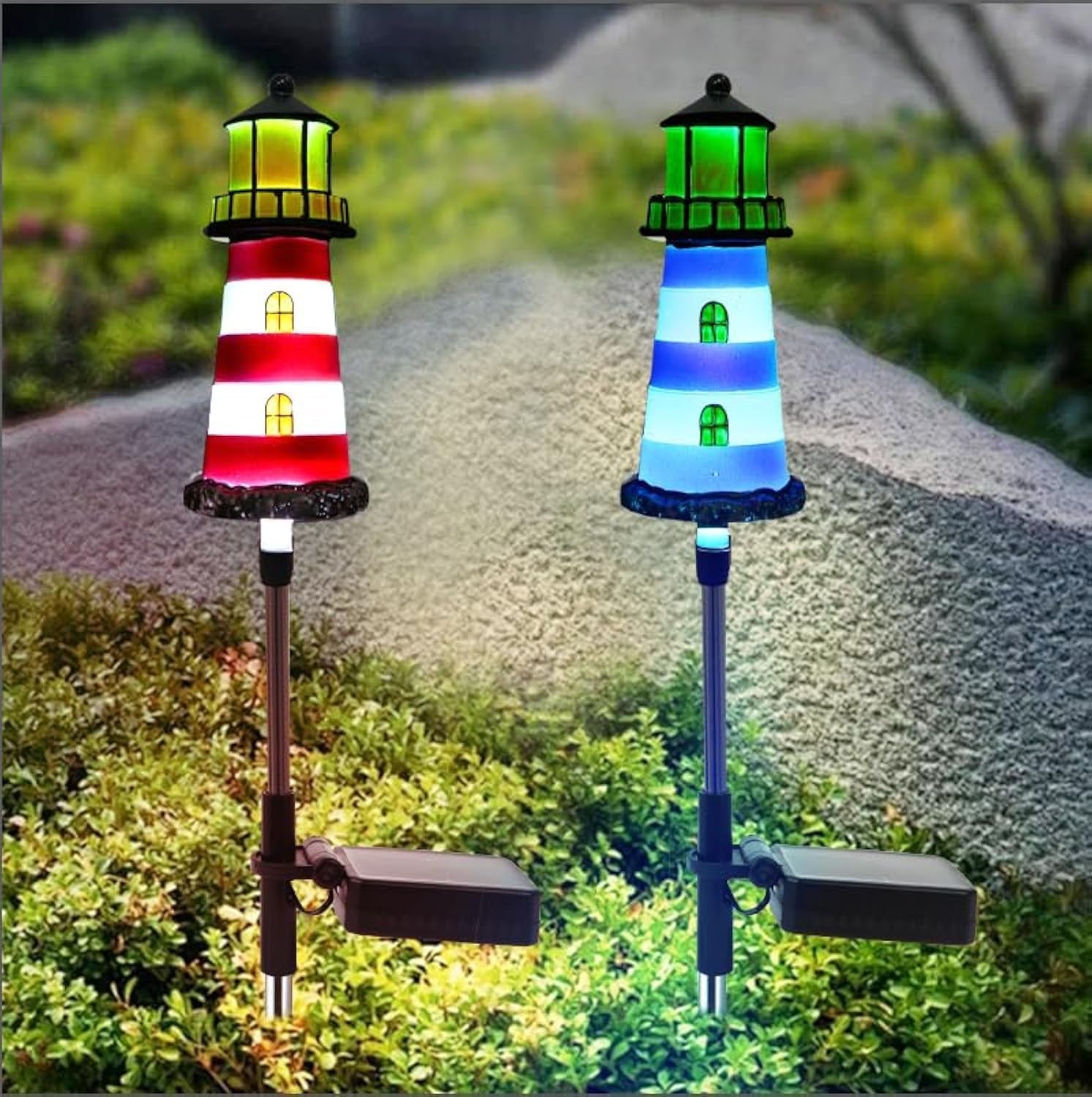 2 Pack Solar Lighthouse Lights, IP65 Waterproof Outdoor Pathway Stake Lights, Auto Dusk to Dawn Solar Powered Nautical Landscape Decor Lights for Lawn, Flower Bed, Patio, Walkway