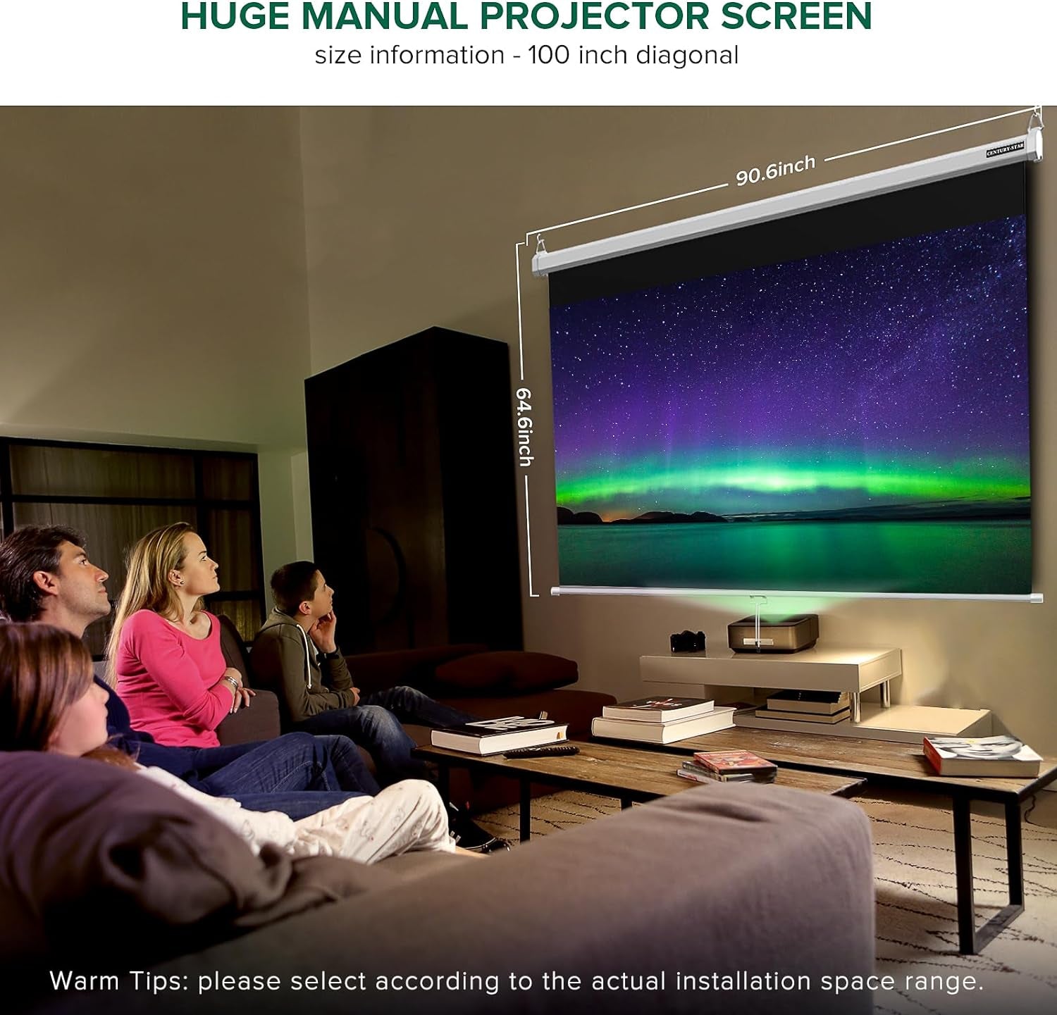 100 Inch Projector Screen Pull Down, 3 Layers PVC Auto-Locking Manual Pull down Projector Screen Retractable, 16:9 Portable Projector Screen Indoor Outdoor - Home Theater Office Education