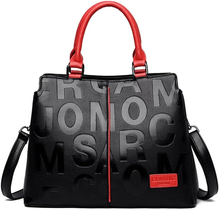Fashion Leather Black with Red Handbags Medium for Women Luxury Shoulder Bag Tote Top-Handle Satchel Purses for Ladies