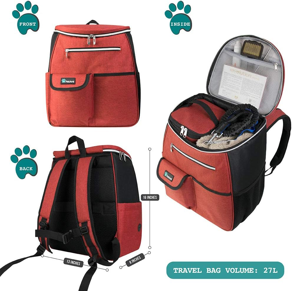 Dog Travel Backpack 27L Airline Approved Pet Supplies Bag, Red | Cat Traveling Suitcase Organizer for Weekend Road Trip Camping; 2 Food Containers, 2 Collapsible Bowls & Poop Bag Dispenser