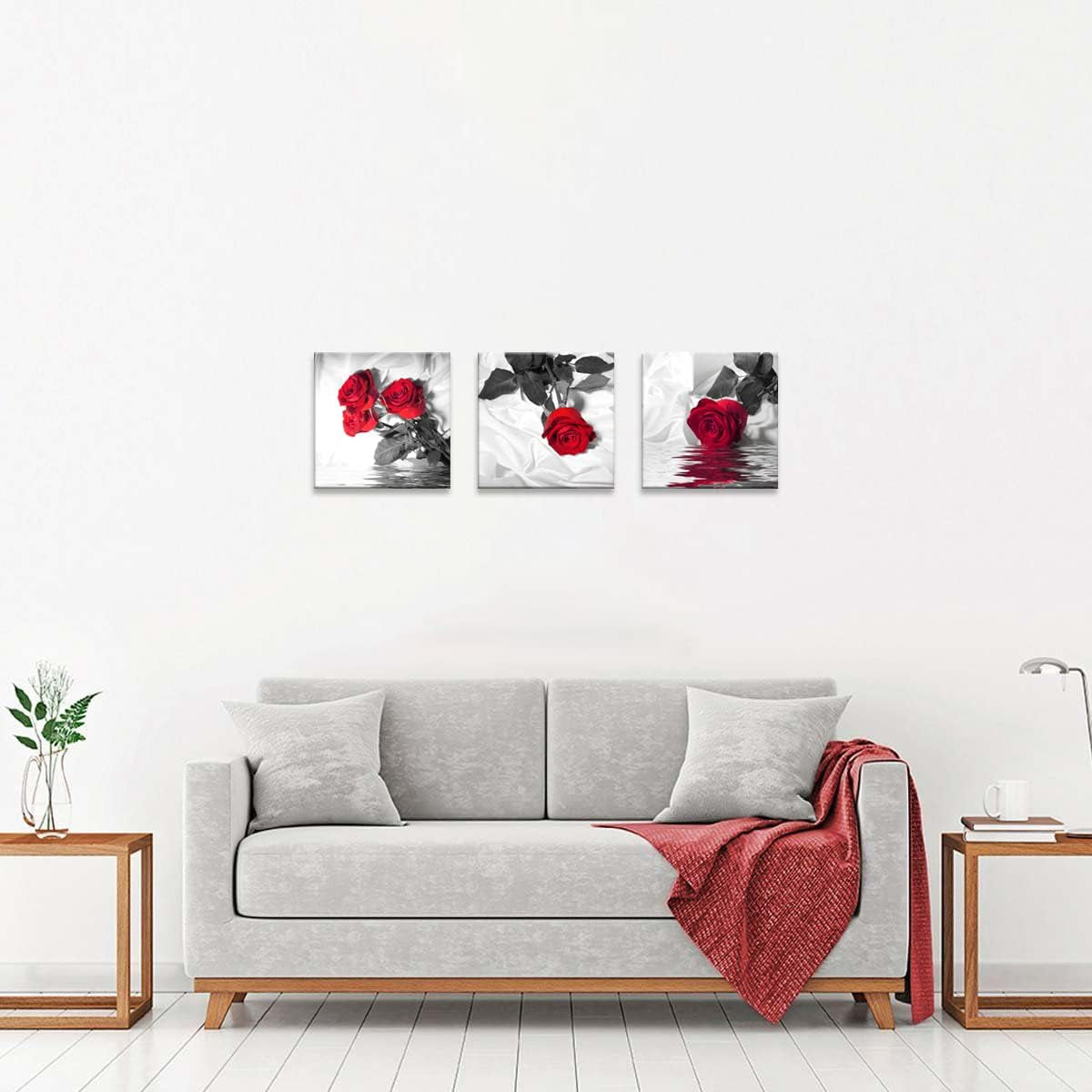 Canvas Print 3 Pcs Black White and Red Wall Art Rose Wall Decor Abstract Decorations Flower Picture on Canvas for Home Decor Stretched and Framed 12X12Inches