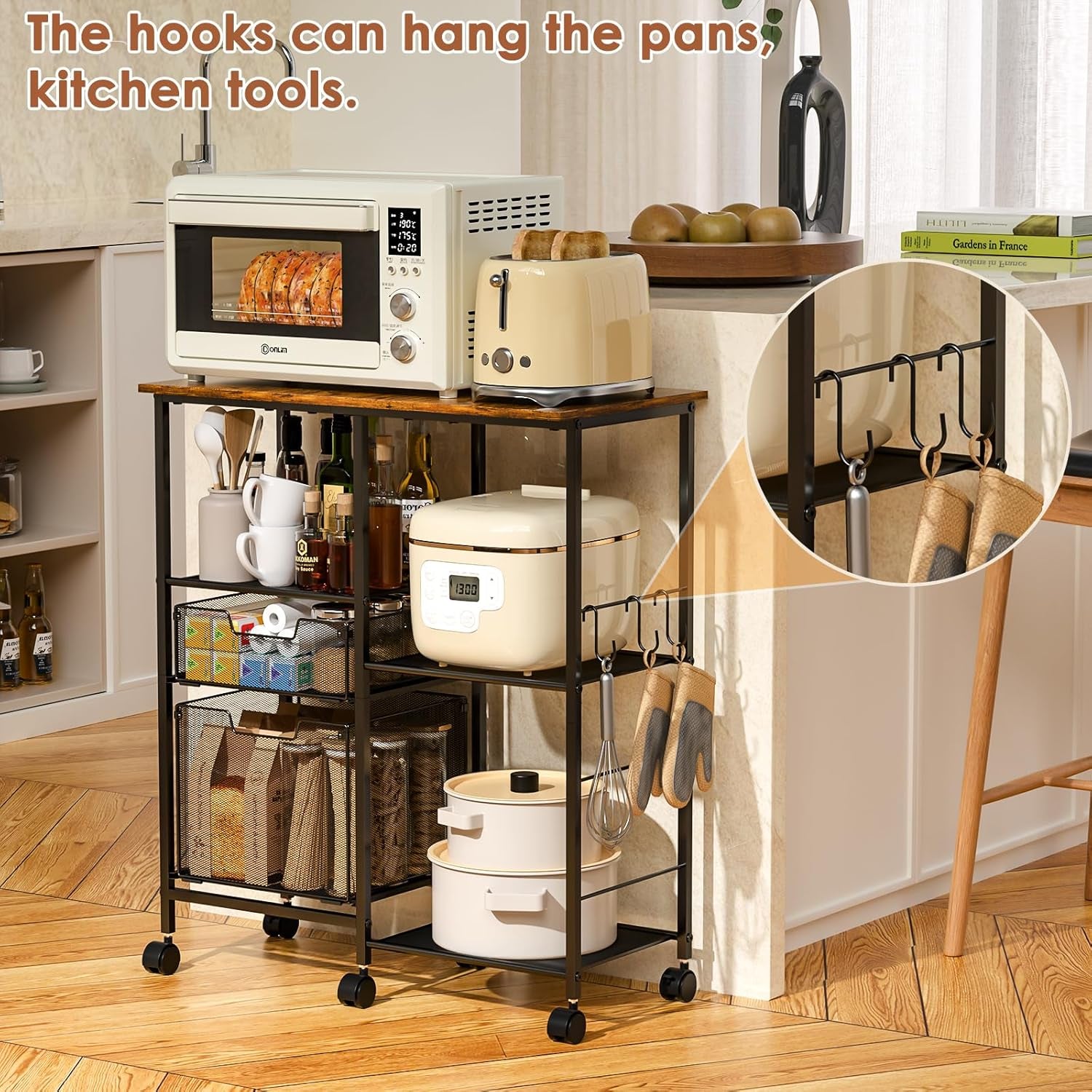 Rolling Microwave Cart with Storage, Microwave Stand with Drawers, Kitchen Storage Rack on Wheels, Kitchen Storage Cart Shelves Organizer Used as Bakers Rack Coffee Bar Station Kitchen Island Cart