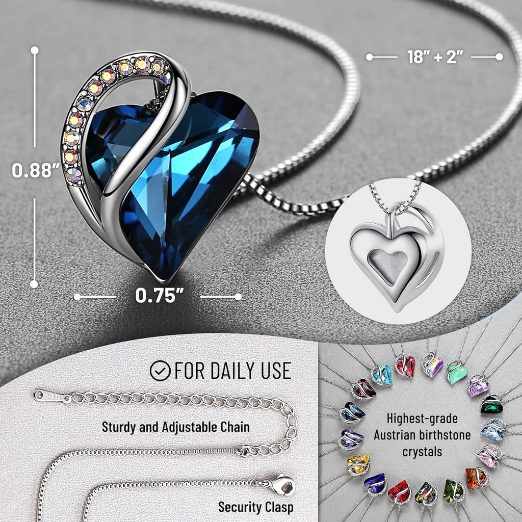 Gift Necklaces for Women, Infinity Love Birthstone Heart Crystal Pendant, Birthday Anniversary Jewelry for Wife, Mom, and Her, Silver Plated, 18" + 2" Adjustable Chain