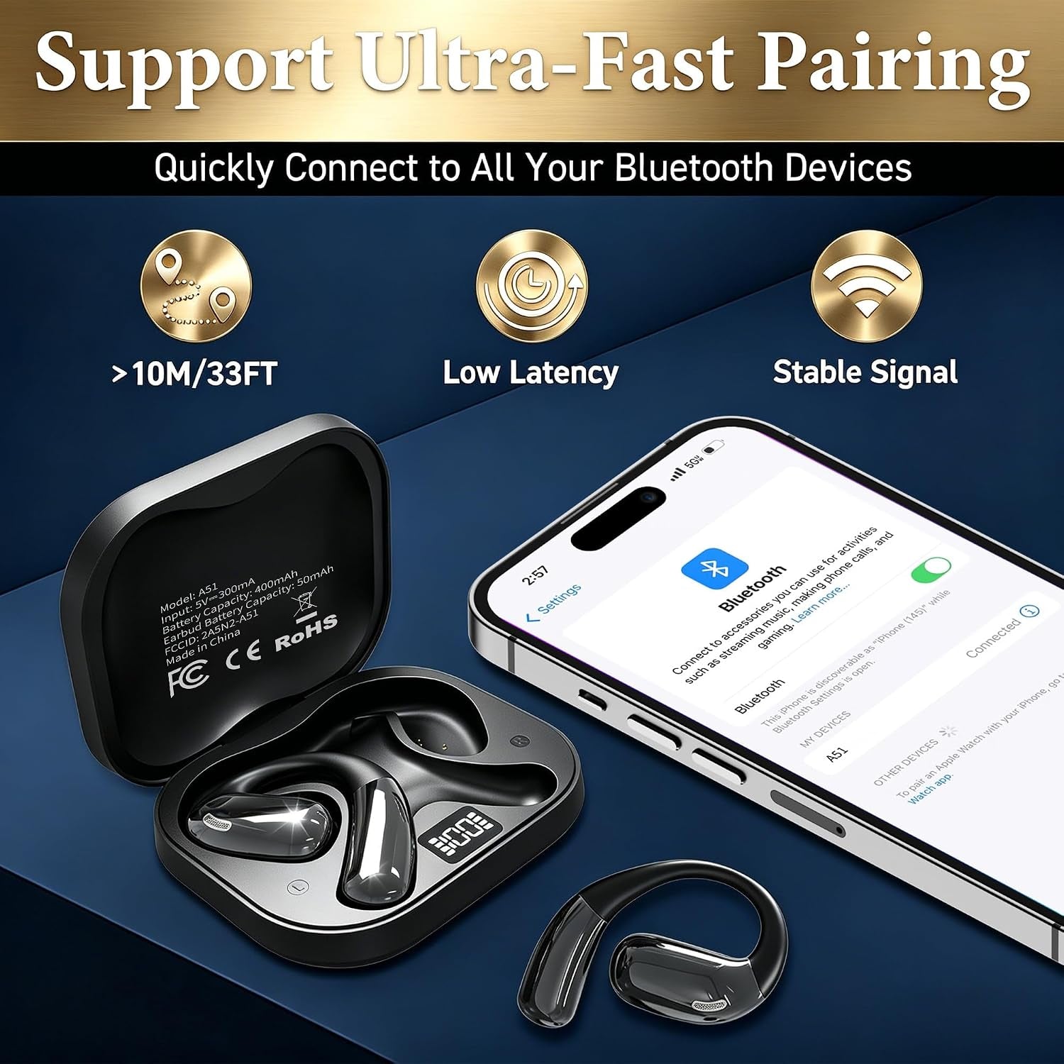 Open Ear Headphones, Wireless Headphones with Smart Digital Display & Mic, Open Ear Earbuds 35H Playtime, Sweat Resistant & Waterproof, Secure Comfortable Fit - Running, Sport, Driving, Daily (Black)
