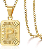 Rectangle Initial Letter Pendant Charm for Mens Womens Gold Plated Capital Letter Pendant Necklace Rolo Chain 18Inch
