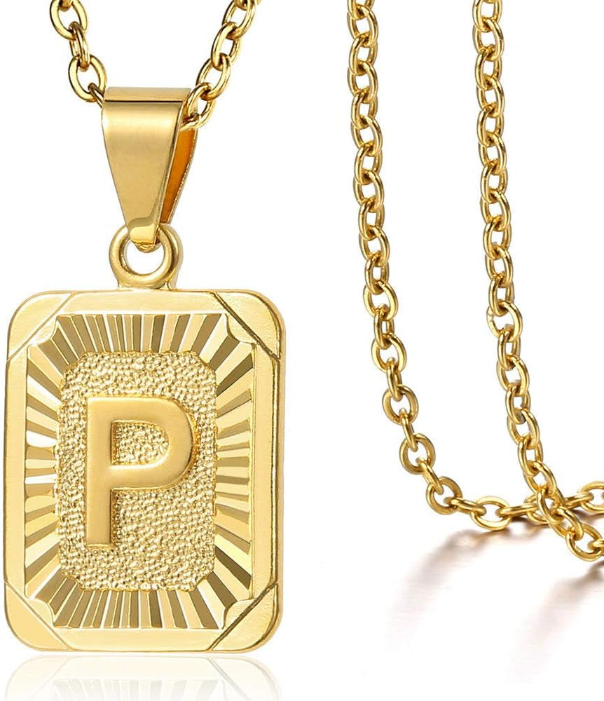 Rectangle Initial Letter Pendant Charm for Mens Womens Gold Plated Capital Letter Pendant Necklace Rolo Chain 18Inch