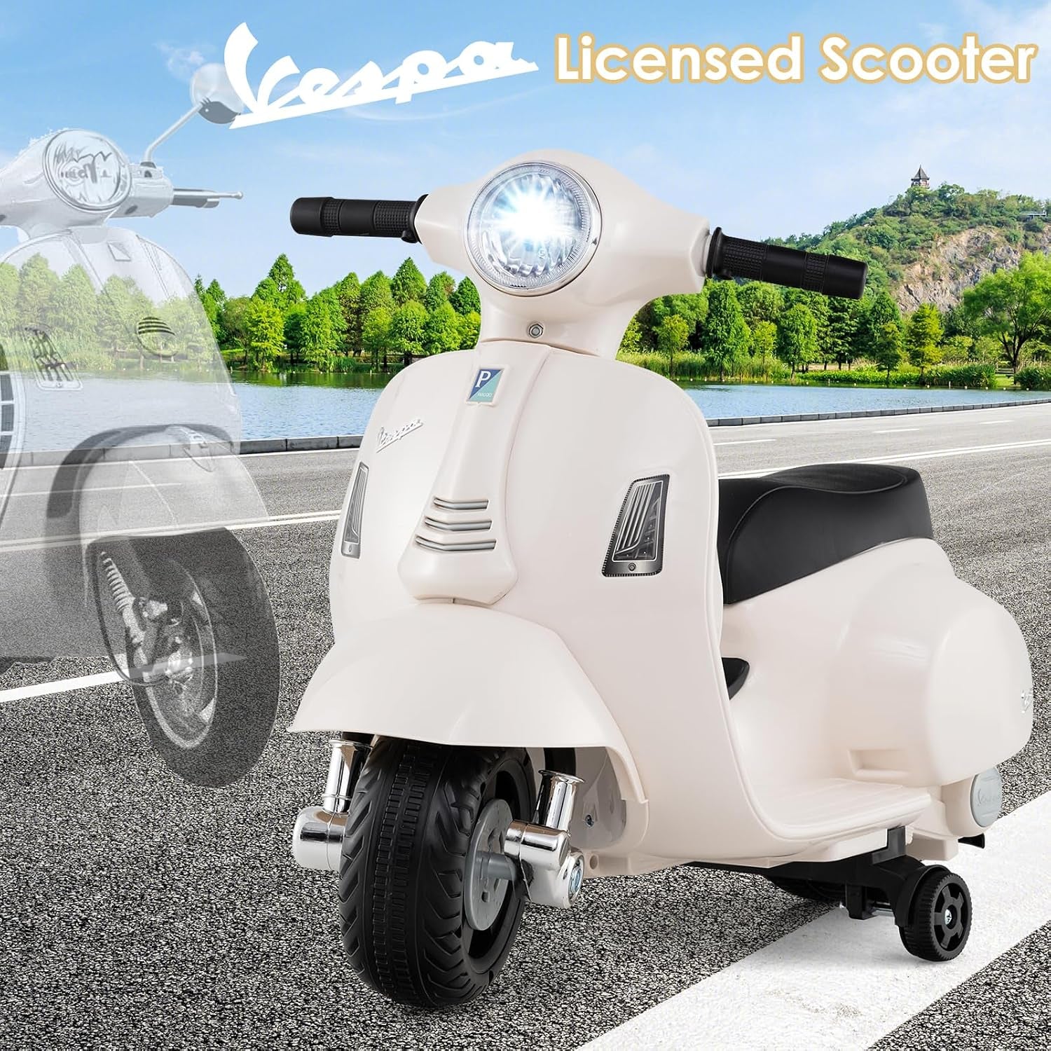 Licensed Vespa Scooter Kids Motorcycle by , 6V Ride on Electric Motorcycle with Training Wheels, Headlight, Battery Powered 3 Wheels Toy Gift with LED Headlight Horn for Boys Girls (White)