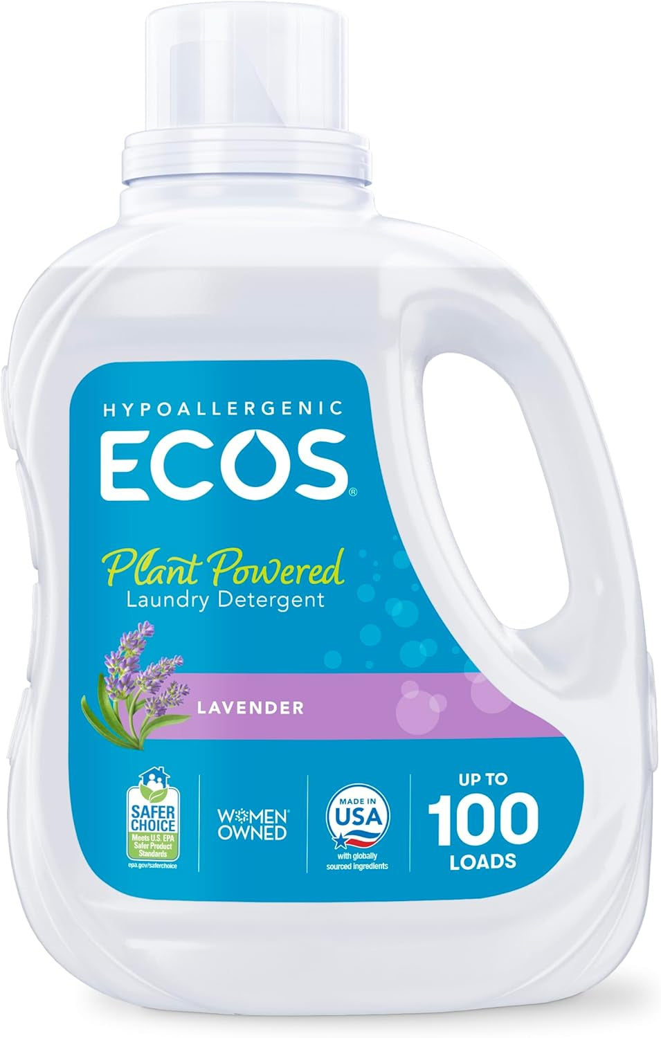 ECOS Laundry Detergent Liquid, 100 Loads - Dermatologist Tested Laundry Soap - Hypoallergenic, EPA Safer Choice Certified, Plant-Powered - Lavender, 100 Fl Oz