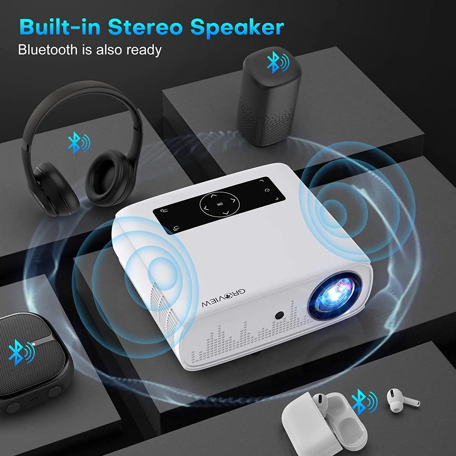 Projector, 4K Projector with Wifi and Bluetooth Support, 15000Lux FHD 1080P Portable Projector for Outdoor Moive, 300'' Theater, Zoomable, [One-Step Mirroring] for Ios/ Android, TV Stick, PS5