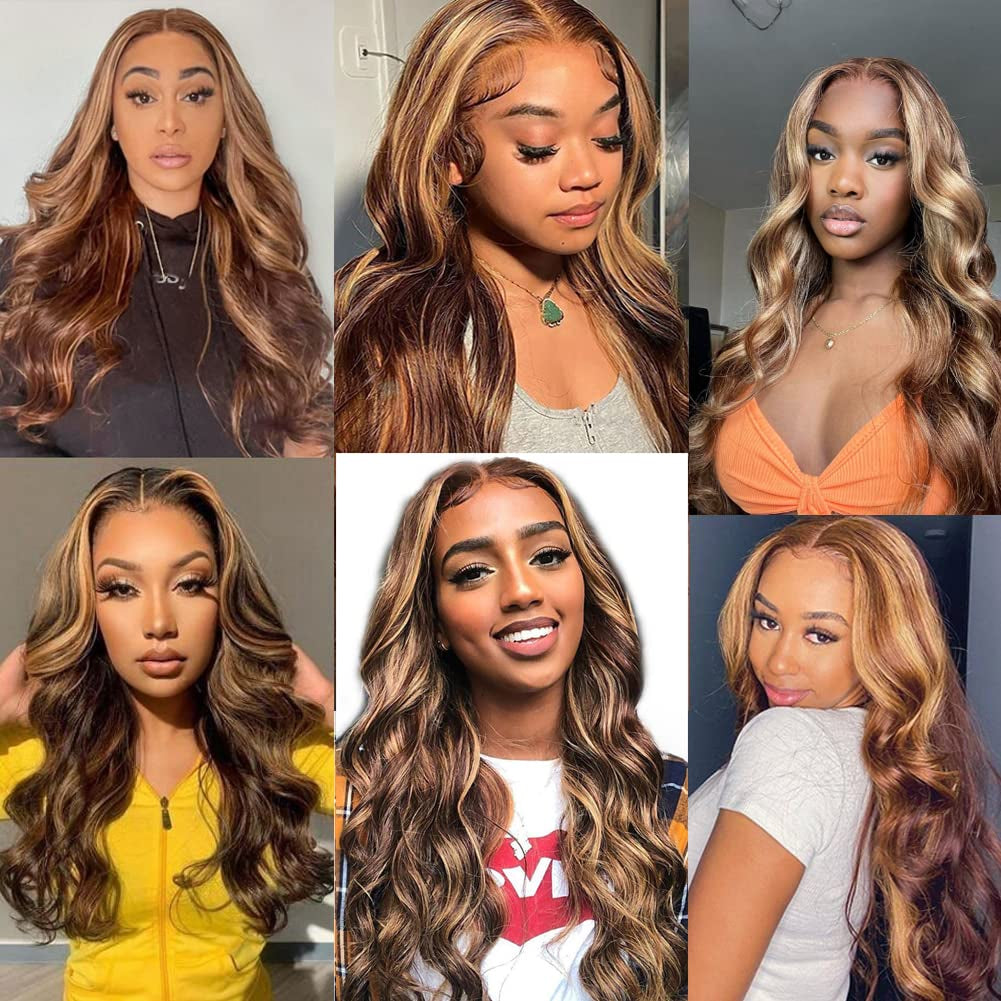 20 Inch Highlight Ombre 13X4 HD Lace Front Wig Human Hair Transparent 4/27 Honey Blonde Lace Frontal Wigs with Baby Hair 180% Density Colored Body Wave Lace Front Wig Human Hair for Women