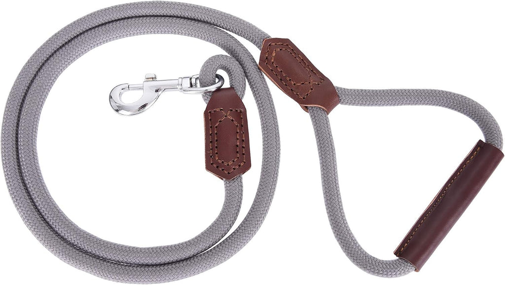 Dog Leash with Genuine Leather Connection/Handle, 4/5/6 FT | Rope Leash, Heavy Duty 360° Swivel Metal Clasp, for Small Medium & Large Dogs