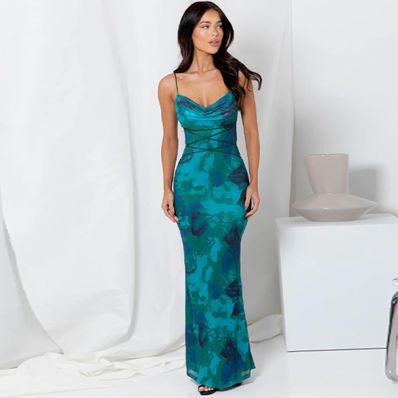 Women Vintage Spaghetti Strap Maxi Dress Sexy Low Cut Backless Floral Satin Slip Long Dress Y2K Cami Bodycon Dresses